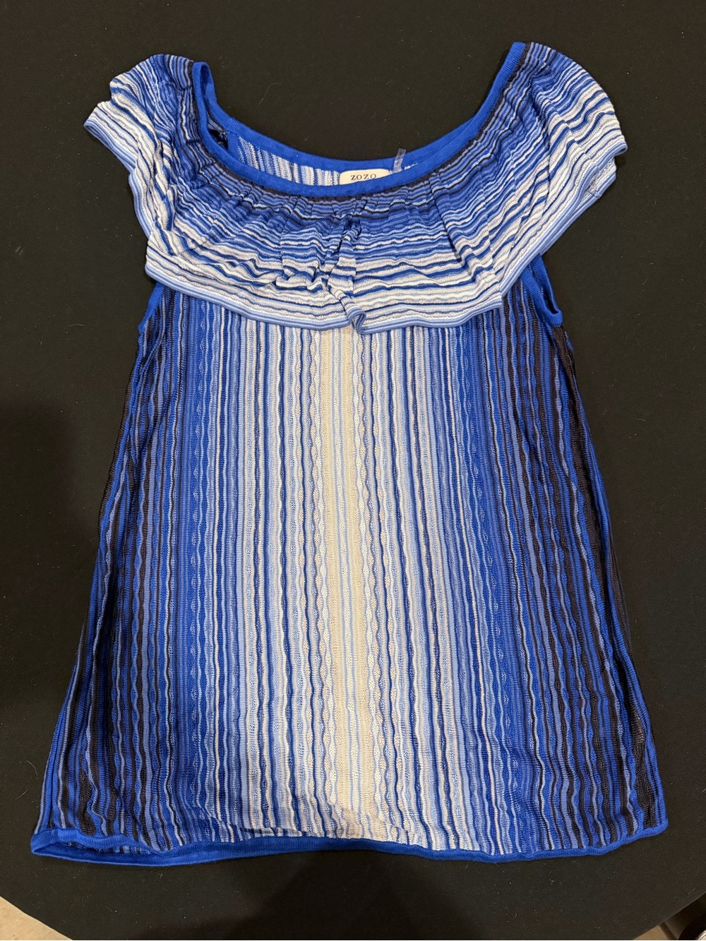 ZOZO women’s sleeveless knit top in blue, white, and black vertical stripes.